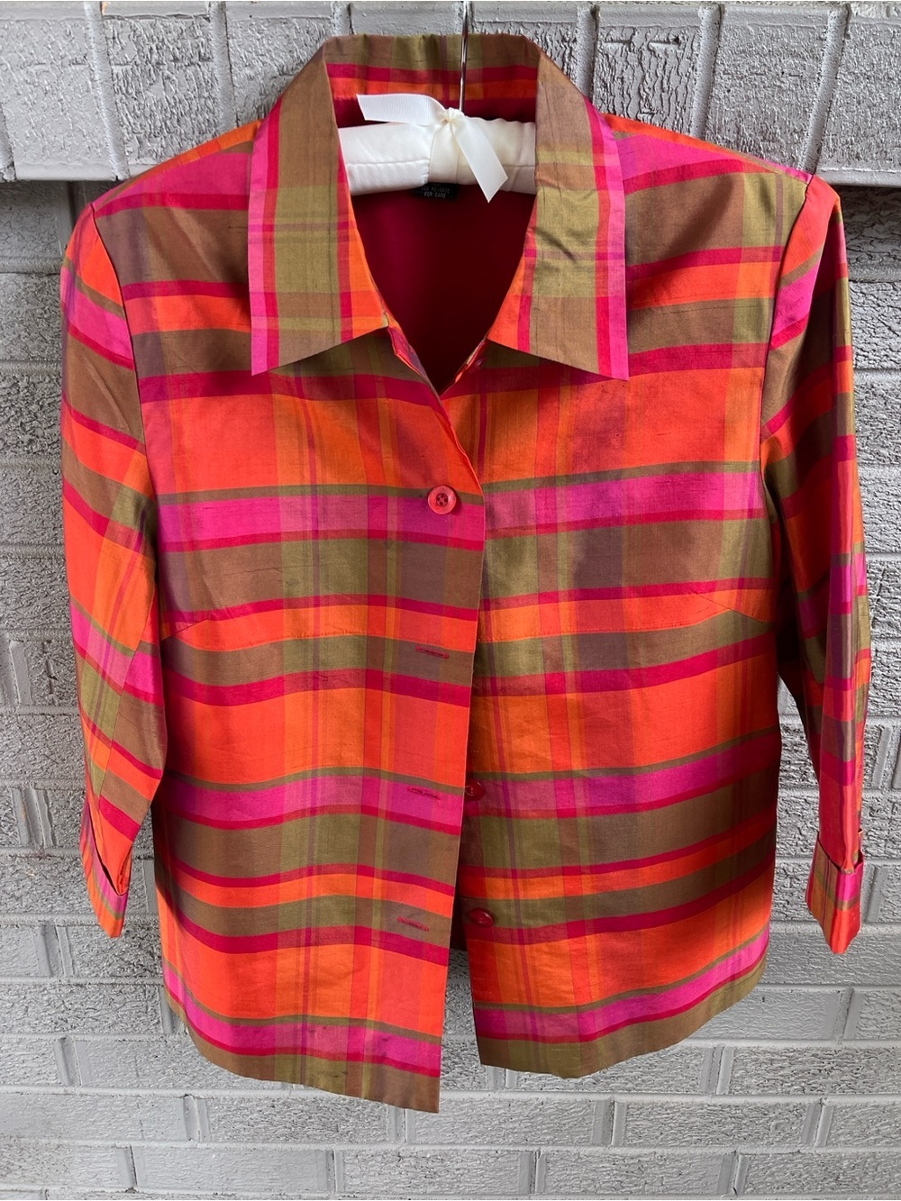 Silkland Women’s Plaid Button-Front Jacket/Top in Orange & Pink- size 10
